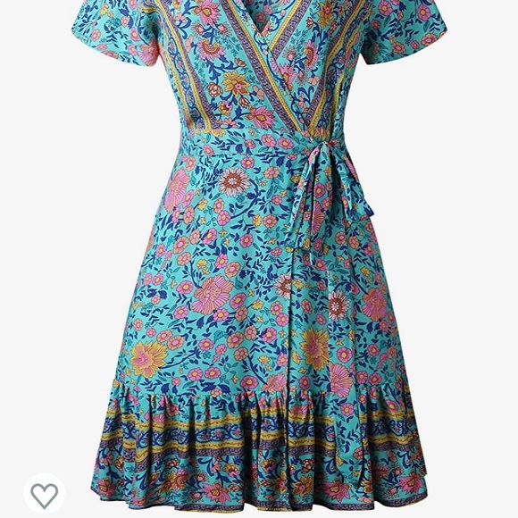 Women’s Summer Wrap V Neck Bohemian Floral Print Ruffle Mini Dress - Picture 2 of 3